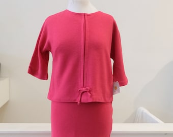 1960's Vintage Pink Mod Wool Double Knit Jacket and Skirt Suit 26" waist with larger sized  Raglan Sleeve Small Bow Zip Back top 36" Bust