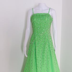 2000's Vintage Beaded Sheer Overlay Gown Chartreuse Neon Green "What's Hot!" Prom Dress Keylime Multi Layer Full Simple Prom Dress Size 2
