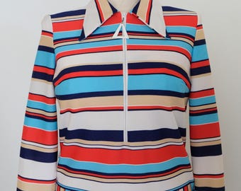 1970's vintage super cute Geometric striped knit zip front top jacket Collar Medium Very Scooter Mod Label: Stockton Vintage Top Pullover