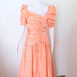 1980's Vintage Prom Dress Pale Orange Melon matte puff sleeve High Low Skirt Ruched Bodice with Drop Waist  Large Puff Sleeves 26" waist