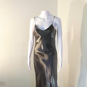 2000&#39;s Vintage Gown Silver Black Slip Dress Starlet Style Satin Shimmer Bias Cut  Deep Crossover Back 30&#39;s movie star vibes