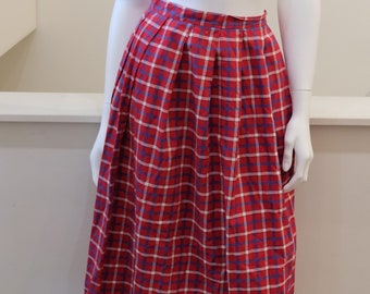 1950's Vintage Plaid Red White Blue Black Patterned Cotton Full Pleated Summer Skirt with Side Zipper 24" waist Modern 0 - 2 Fun for Fall!