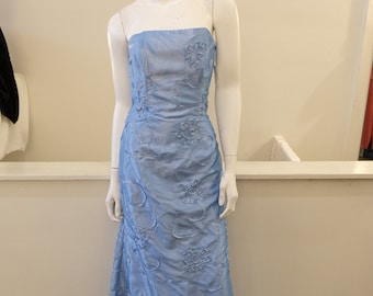 2000's Vintage Jessica McClintock Strapless Sky Blue Dress Iridescent Taffeta Ribbon Trim Floral Design Floor Length size XS Soutache detail