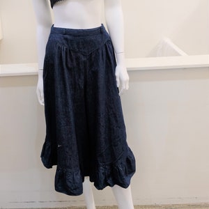 1970&#39;s Vintage Demin Peasant Boho Culottes with Ruffle at Hem-High waisted 26&quot; Waist Modern Size 2/4  Looks Like A Ruffled Jean Skirt