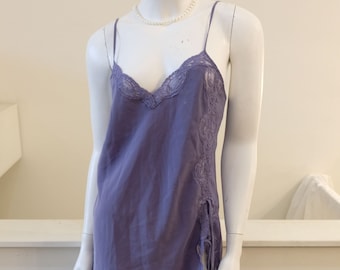 1990's Vintage Lavender Purple Matte Slip Dress Nighty Size M Lace Detailing along Left Ties at Bottom Label reads the word "Unmentionables"