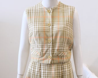 1960's Vintage Plaid Wool Two Piece Pleated Full Skirt and Fitted Vest Set Suit Plaid - ecru olive orange cream day wear coed 60's 25" waist