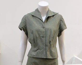 1950's Vintage WOMENS' Olive Green and Metallic Gold Striped Cotton 2 piece blouse /jacket and Aline skirt cocktail set 32" waist Summer Set