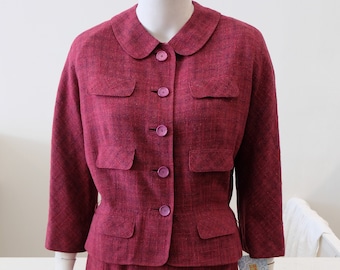1950's Vintage WOMENS' Wool Raspberry Pinkish Red & Charcoal Gray Plaid Suit  5 Buttons A Line Skirt Peter Pan Collar Faux Pocket Detailing