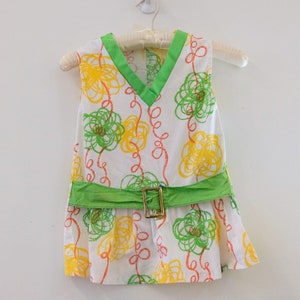 1960&#39;s Vintage Girls Cotton Pop Art Yellow, Green Red Floral Print on White Belted Dropped Waist Shift Dress Tennis Anyone?