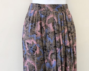 1980's Vintage Graffiti Pattern Print Rayon Pleated Skirt Blue Pink, Tan, Brown, Black Leaves Super Imposed On Gold Scribble Print 24" waist