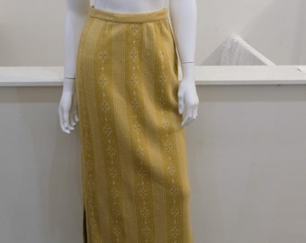 1970's Vintage Jantzen Wool Jersey Knit Slim Fit Maxi Skirt Made USA-25" waist Modern size 2/4-Yellow with Gold and White Pattern Side Slits