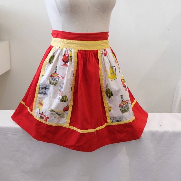 1950's Vintage Cotton Cooking Kitchen Novelty Print Apron with 2 Large Pockets Red Yellow Green Gray Black -