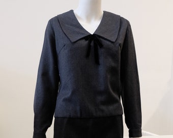 1960's Vintage Grey Wool Flannel Set / Suit with Sailor Style Blouse & pencil skirt Mod English Coed Vibe Set 24" waist A "Maggie Stover"