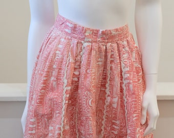 1950's Vintage Salmon Pink & White Novelty Print Fabric with White Ric Rac Trim Full Skirt Cotton Skirt  Alex Coleman  27 waist Bric A Brac