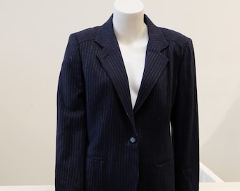 1980's Vintage WOMENS' Navy Pinstripe Wool Suit Single Button Jacket and Skirt With Power Blazer & Aline Skirt front pleats 31" Waist