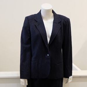1980&#39;s Vintage WOMENS&#39; Navy Pinstripe Wool Suit Single Button Jacket and Skirt With Power Blazer & Aline Skirt front pleats 31&quot; Waist