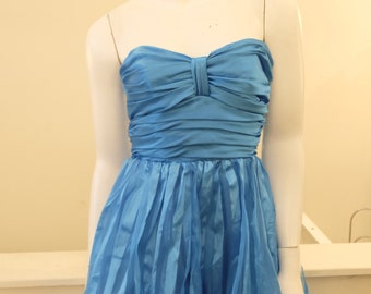 2000's Vintage Betsey Johnson Strapless Electric Blue Dress Fit Flare Sweetheart Neckline Sheer Stripe Fabric over Satin sz 2 prom or Ho Co