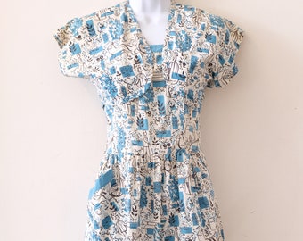 1940's Vintage Novelty Print Cotton Sun Dress with matching Bolero Turquoise White and Black 24" waist 30" Bust