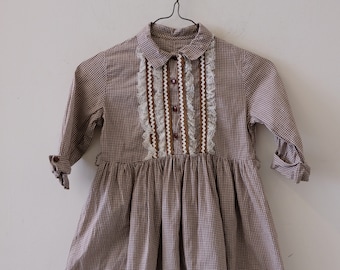 1950's Vintage Girls Dress Cotton Tiny Brown and White Gingham size 8