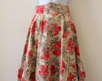 1940's Vintage Red Pink Gold Floral Bias Full Skirt Cotton Novelty Print Skirt with Front Yoke Waist Band 24" waist Perfect For a Picnic!