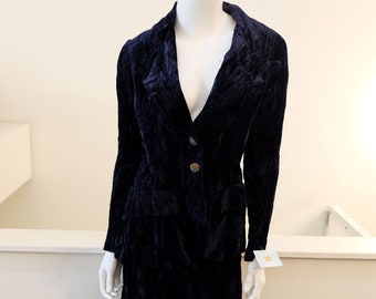 1970's Vintage Rayon Crushed Blue Velvet Two Piece Womens Maxi Skirt and  Fitted Low Cut Jacket with Hip Pockets Sexy Hostess Vibe 26