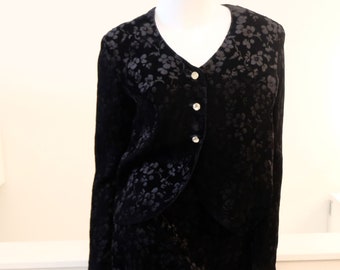 1970's Vintage Rayon Black Floral Embossed Velvet 2 Piece Womens Fitted Skirt Box Cut Jacket Young Edwardian Sophisticated Mid Century Look