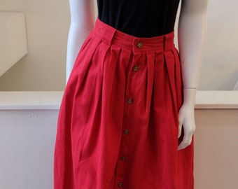 1980's vintage cherry red full button front brushed cotton skirt t-length full pleated skirt 25" waist JG Hook Perfect Red Color Soft Heavy