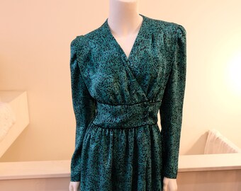1980's Vintage DVF Teal Polyester Cocktail Dress Button Style Wrap  Diane Von Furstenberg 26" waist Party Wear For The Sophisticated