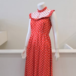 1970's Vintage Floral  Malia Cotton Empire Waist Maxi Long Dress Sleeveless Ruffle Detail Red Floral Dress with White Reversed fabric Yoke