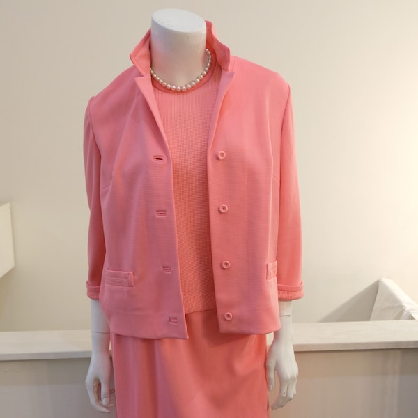 1960's Vintage WOMENS' Polyester Bright Pink 3 Piece  Set Suit with Box Jacket, Pencil Skirt and Zip Back Shell Blouse   A Pink Power Suit!