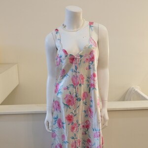 1990&#39;s Vintage Butter Yellow Satin Slip Dress with Pink Rose Print Nighty Size Medium Enchanted Brand Mid Length Style Opaque and Sexy