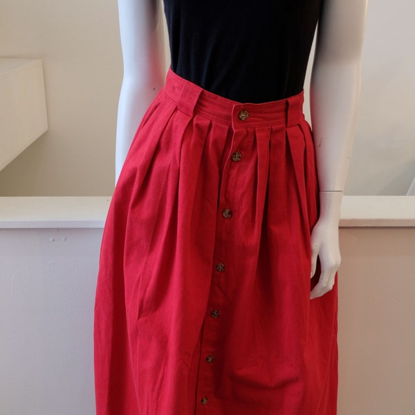 1980's vintage cherry red full button front brushed cotton skirt t-length full pleated skirt 25" waist JG Hook Perfect Red Color Soft Heavy