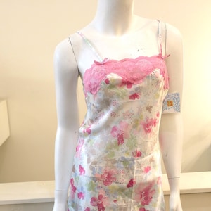 1990&#39;s Vintage Light Floral Satin Slip Dress Nighty Size Small Lace Detailing small bows adjustable straps Kathryn  100% Polyester Pink Lace