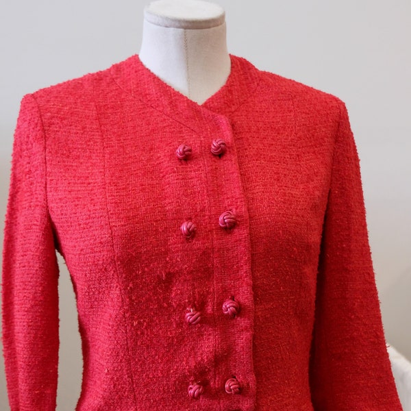 1950's Vintage Raspberry Pinkish Red Nubbly Boucle Wool Double Breasted Shorty Jacket with Three Quarter Sleeves and Silk Lining 36" Bust