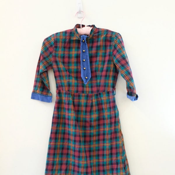 1960's Vintage Girls Cotton Plaid Dress 3/4 Sleeves Blue Green Red Yellow with Decorative Blue Tie Gold Metal Buttons