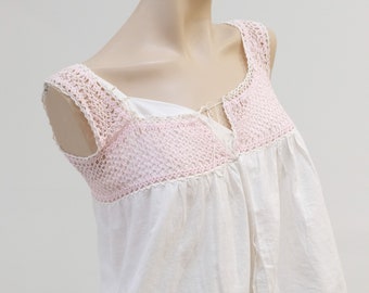 1920's Vintage Home Sewn Crochet and Cotton Crop Top Small White Cotton with Pink Crochet Neckline  Small in size closer to 2