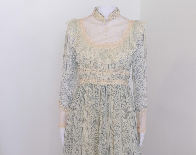 1970's Vintage Gunne Sax Style Prairie Girl Long Sleeve Maxi Dress Blue ...