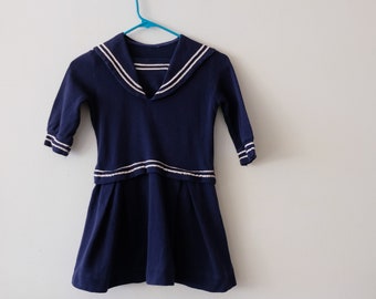 1950's Vintage Girls Cotton Double Knit Navy Blue Sailor Dress Super Kawaii Drop Waist Sailor Collar with Vanity Panel White Striped Details