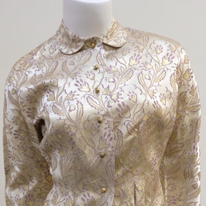 1950&#39;s Vintage Toni Owen Brocade Gold and Lavender Cocktail Jacket Bolero Top  XS 32 bust 25&quot; waist Gold Buttons with Peter pan Collar