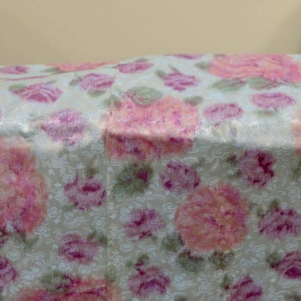 1950's Vintage Shimmery Rayon Taffeta Brocade Big Fuchsia Pink Roses Print Patterned Fabric Pale Light Blue 2 yrds 27" by 44" wide Gorgeous
