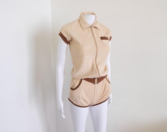 1970's Vintage Beige with Brown Piping Terry Cloth Cotton 2 Piece Shorts Zip Crop Jacket Set XS