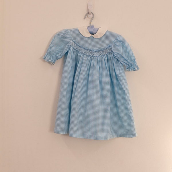 1960's Vintage Girls Turquoise Blue  & White Gingham Cotton Short Puff Sleeve Aline Chicken Scratch Smocking Yoke Dress--Modern Size S