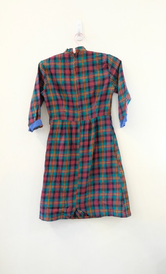 1960's Vintage Girls Cotton Plaid Dress 3/4 Sleeves Blue Green Red Yellow with Decorative Blue Tie Gold Metal Buttons