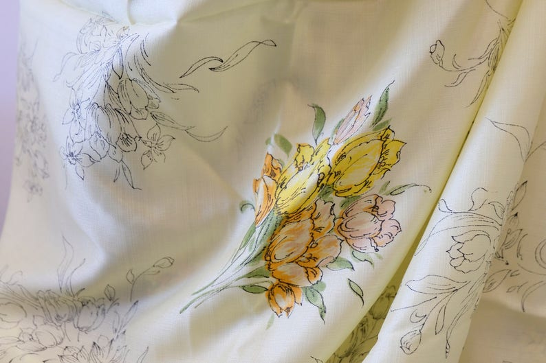 1950/'s Vintage Fresh Buttery Yellow Shiny Rayon w Orange Melon /& Green Floral Print Summer Weight Novelty Fabric 2 yards 17 by 44 wide