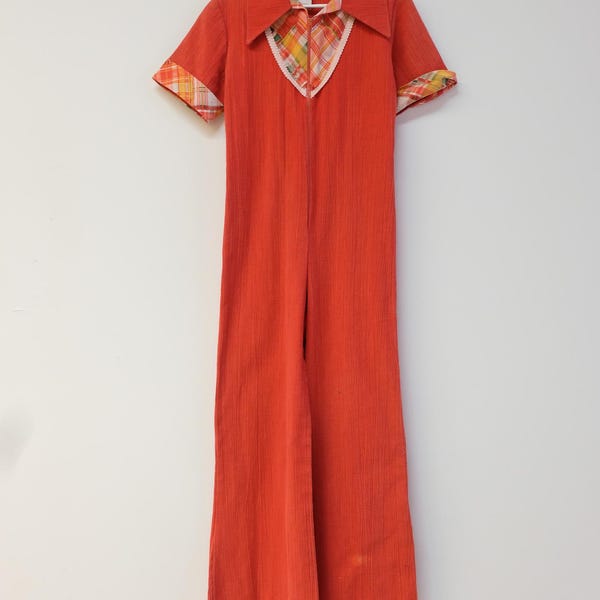 1970's Vintage Girls Jumper Jumpsuit Pantsuit Cotton Gauze Madras with Trim Collar and Cuffs zipper front small fly collar machine washable