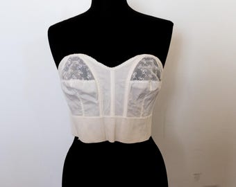 1950's Vintage White Bustier Brassiere  36C - Very Cute  Embroidered Sheer Cups - synthetic charmode 36C
