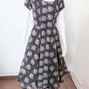 1950&#39;s Vintage Fully Embroidered Blue with White Flowers Fit and Flare Dress Frances Prisco Party Wear Full Skirt 25&quot; waist - spring summer