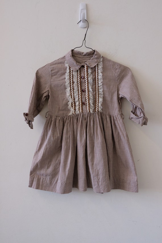 1950's Vintage Little Girl Dress Cotton Tiny Brown and White Gingham GIRLS 6 - 7 1950's Vintage Little Girl Dress Cotton Tiny Brown and White Gingham GIRLS 6 - 7