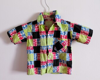 1960s Vintage Kids Cotton Shirt: Block Print Short Sleeve Top