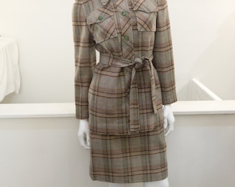 1970's Vintage WOMENS' Plaid Wool Mod Style Single Breasted Jacket and A-line Skirt with Matching Belt size 26" waist Modern 2-4 Early 70's